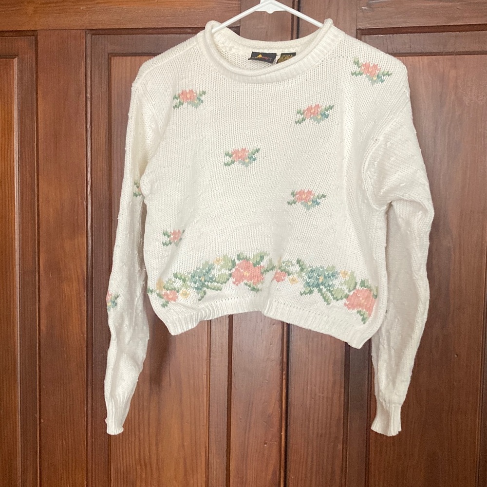 Lizsport Petite Vintage Floral Women's Knit Mock Neck 100% Cotton Crop Sweater